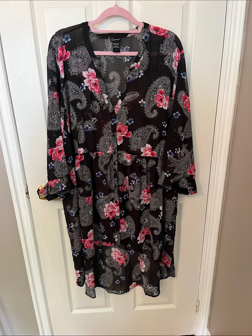 torrid Black Floral Paisley Tunic with Pink and Blue Accents